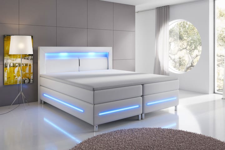 Komplett Sängpaket Pisa 160x200 LED Sänggavel Konstläder - Vit - Möbler - Sängar - Komplett sängpaket