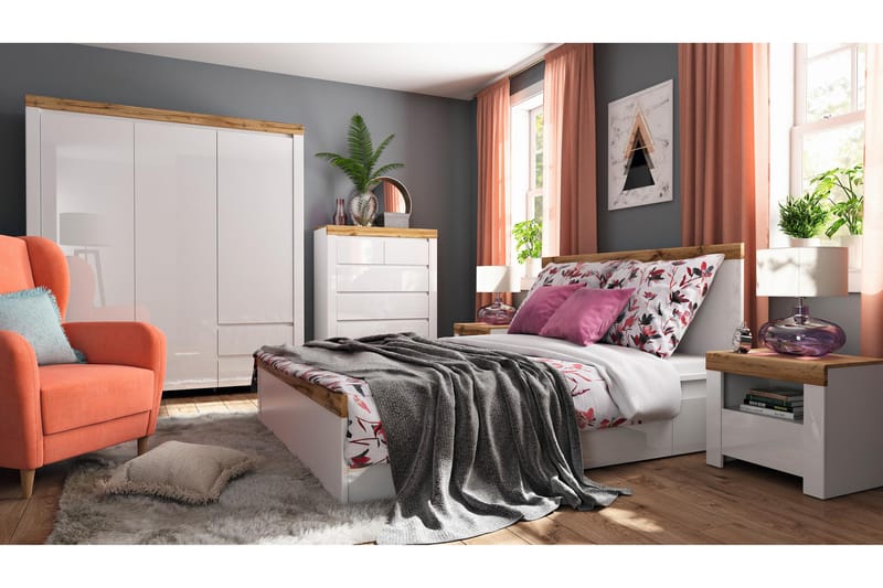 Sovrumsset Escala 99x42 cm - Vit Högglans/Ek - Möbler - Säng - Möbelset för sovrum