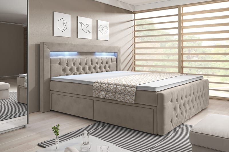 Komplett Sängpaket Celio med Förvaring LED-belysning - Beige|Sammet - Möbler - Säng - Komplett sängpaket