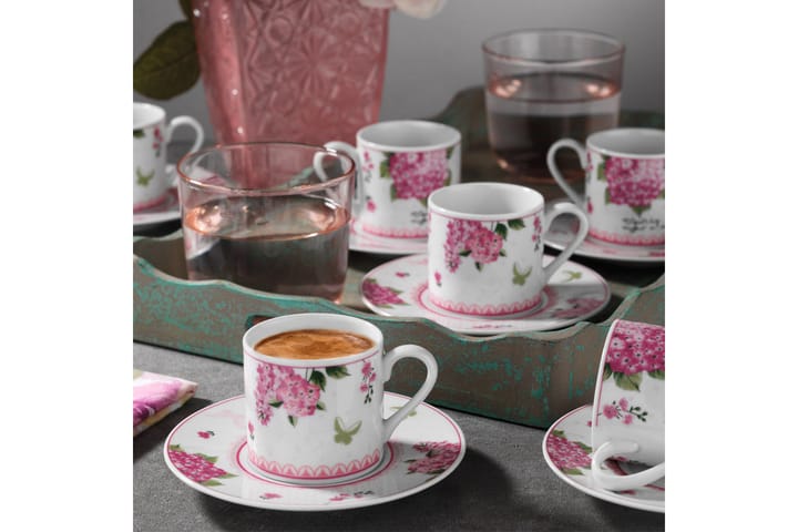 Kaffeservis Adine 12 Delar Porslin - Vit|Rosa|Grön - Servering & matlagning - Bricka & fat - Uppläggningsfat