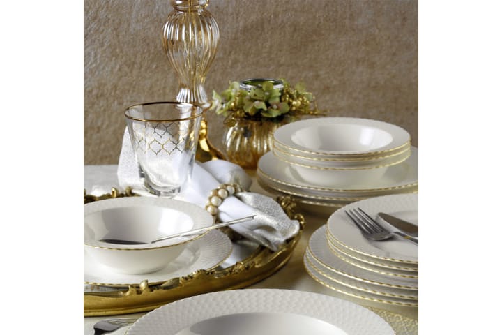 Middagsservis Adine 24 Delar Porslin - Vit|Guld - Servering & matlagning - Tallrikar & skålar