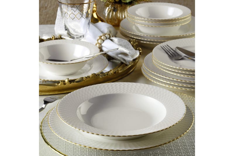 Middagsservis Adine 24 Delar Porslin - Vit|Guld - Servering & matlagning - Tallrikar & skålar