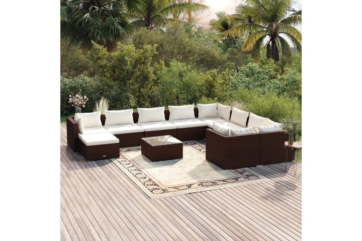 Loungegrupp för trädgården m. dynor 11 delar konstrotting br - Brun/Vit - Utemöbler & utemiljö - Loungemöbler - Loungeset & loungegrupp