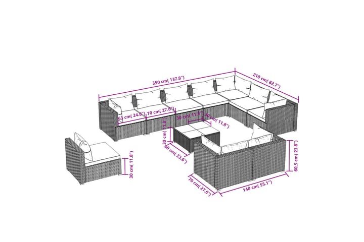 Loungegrupp för trädgården m. dynor 11 delar konstrotting sv - Svart - Utemöbler & utemiljö - Loungemöbler - Loungeset & loungegrupp