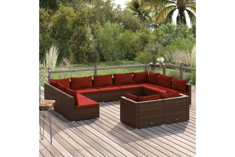 Loungegrupp för trädgården med dynor 11delar brun konstrotti - Brun/Röd - Utemöbler & utemiljö - Loungemöbler - Loungeset & loungegrupp