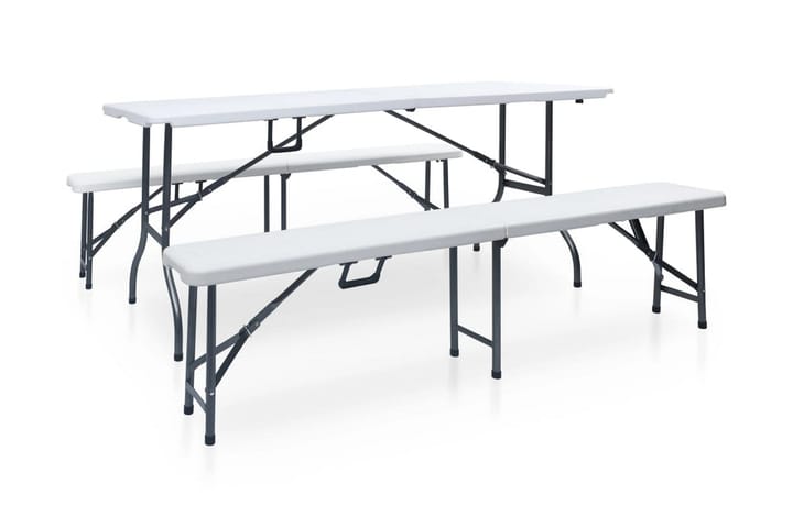 Hopfällbart trädgårdsbord med 2 bänkar 180 cm stål och HDPE - Vit - Utemöbler - Välj efter material - Plast